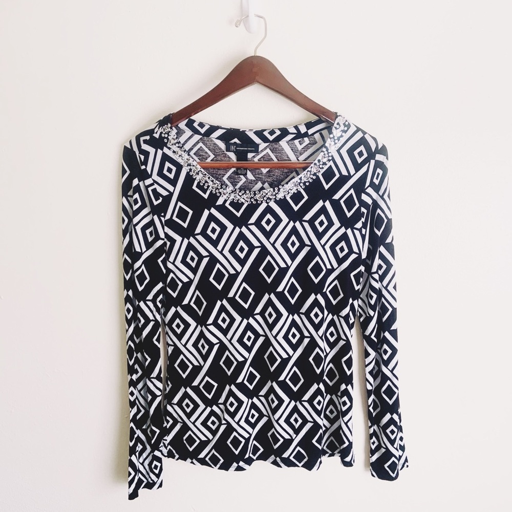 INC. Geometric Jeweled Neckline Long Sleeved Top